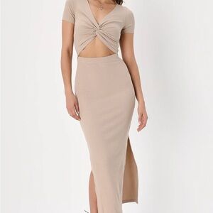 Lulus Style Twist Front Beige Cutout Midi Dress